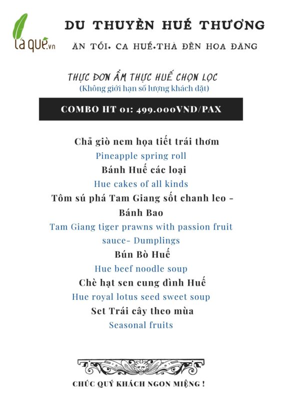 Menu ăn tối trên sông Hương